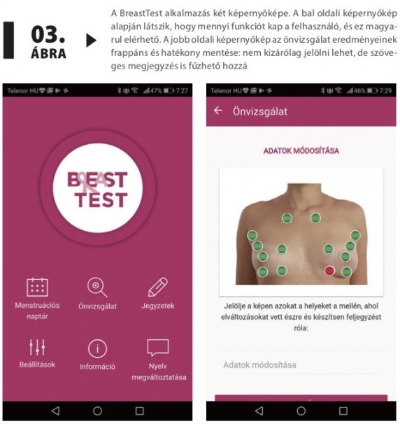 A BreastTest alkalmazás két képernyőképe